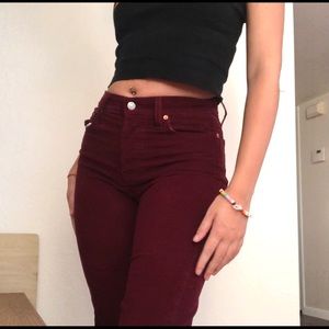 Burgundy corduroy Levi’s straight cut.